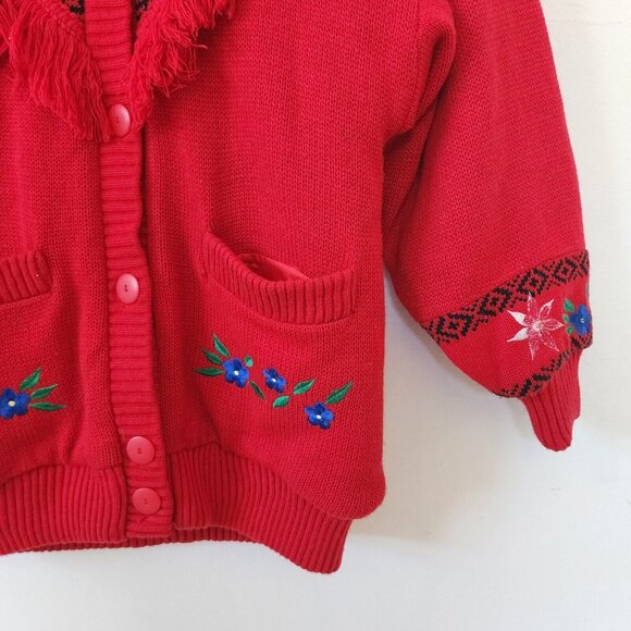Vintage 80s Red Womens Exotic Fringe Button Down Cardigan Floral Sweater Small - Picture 3 of 7